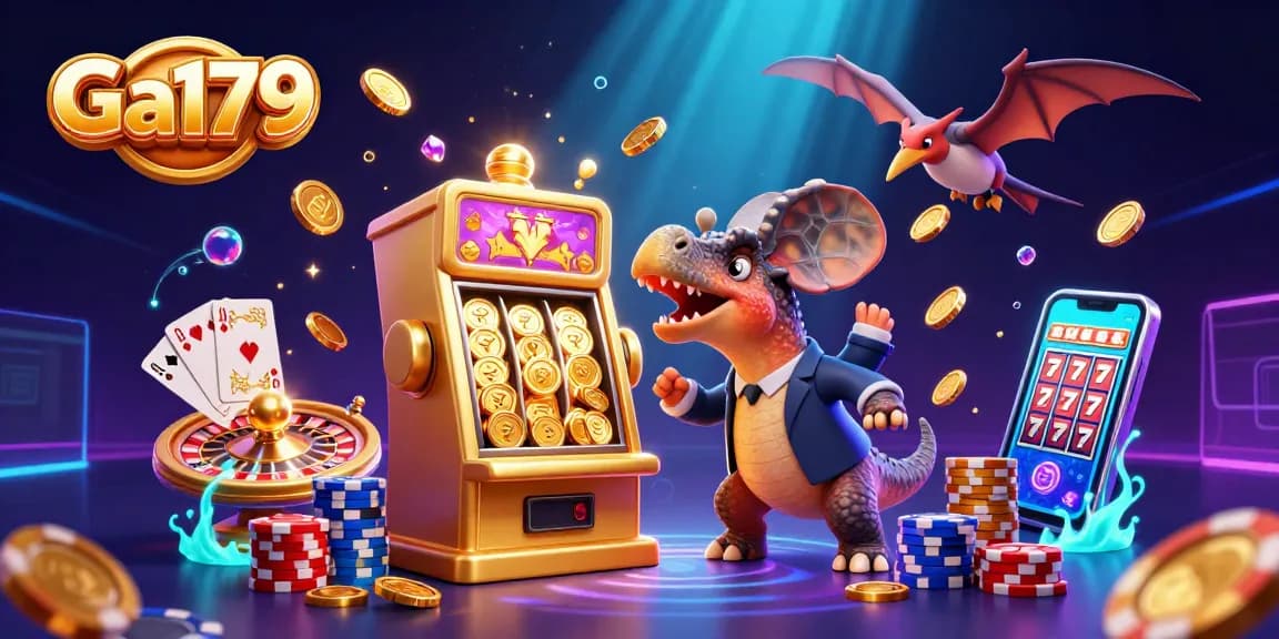 Experience the excitement of Ga179 winning with a cartoon pachycephalosaurus at a golden slot machine amid cascading coins.