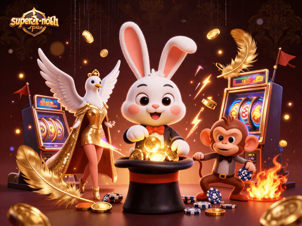 Witness the excitement of Superace-nohu as a magician rabbit showcases golden coins and poker chips in vibrant casino illustration.