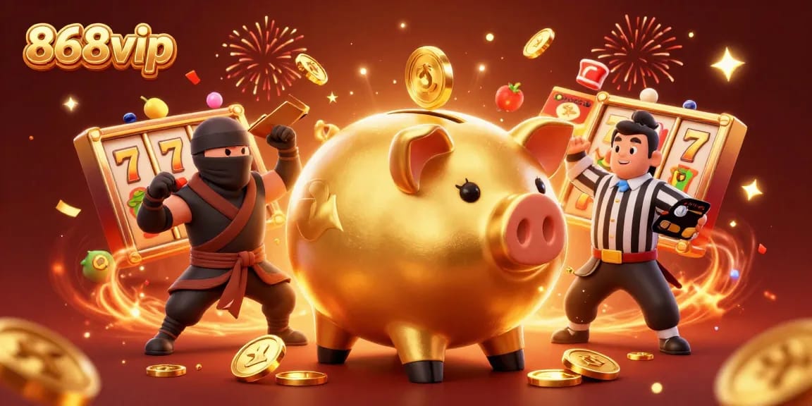 Experience the thrilling action of 868vip with a golden piggy bank sumo wrestler in a vibrant casino scene.