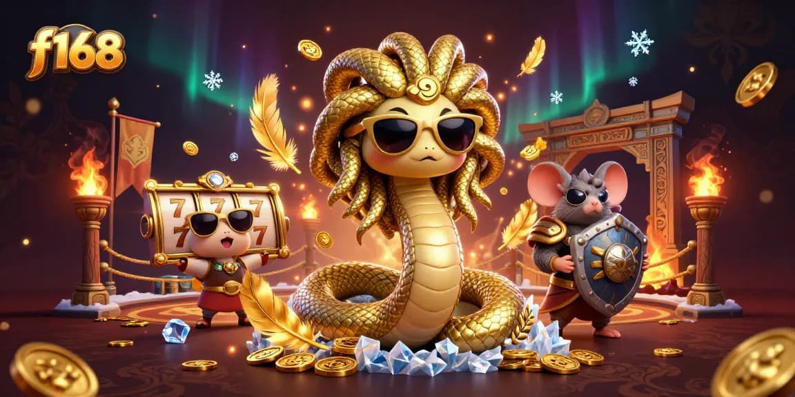 Spin to win at f168 with a vibrant scene featuring Medusa, a warrior mouse, and engaging slot machine elements.