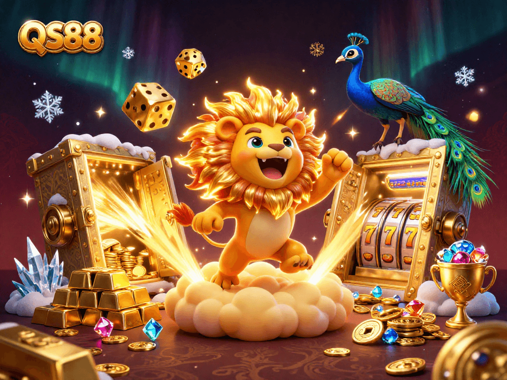 Experience the excitement with QS88 as a roaring lion, golden dice, and vibrant casino elements create a thrilling scene.