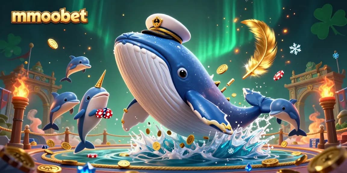 Experience thrilling wins at mmoobet with a dynamic 3D casino scene showcasing a whale captain and playful dolphins.
