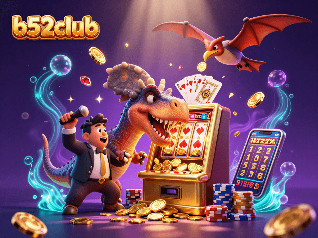 Experience b52club action with a thrilling jackpot scene featuring animated dinosaurs and sparkling casino elements.