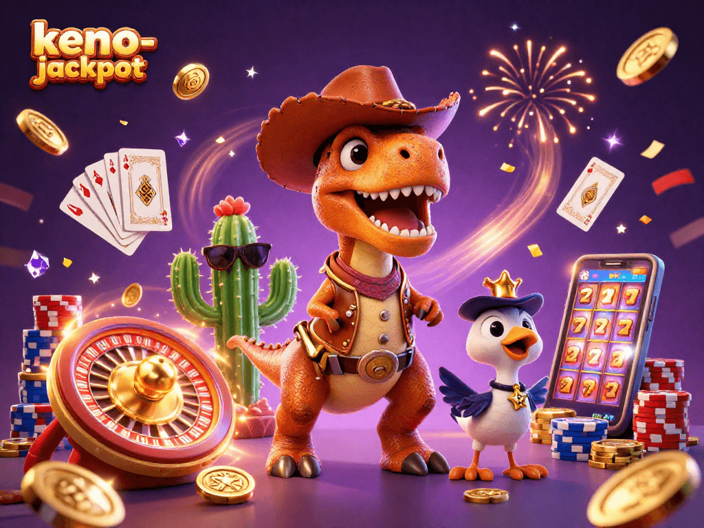 Experience the thrill of keno-jackpot with high-energy characters amidst spectacular casino elements.