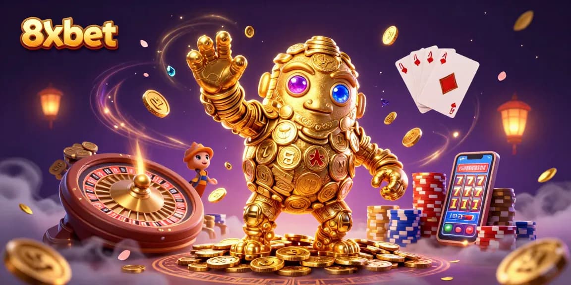 Spin and win with 8xbet, featuring a dynamic scene of a golden golem and casino elements.