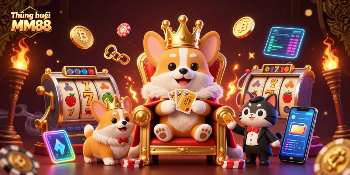 Experience the thrill of winning with the Thương hiệu MM88 as cartoon corgis celebrate gaming success amidst vibrant casino elements.