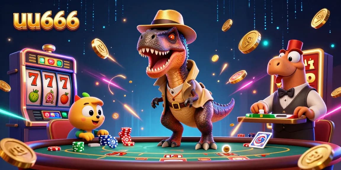 uu666 card counter velociraptor winning big at a blackjack table, surrounded by vibrant casino elements.