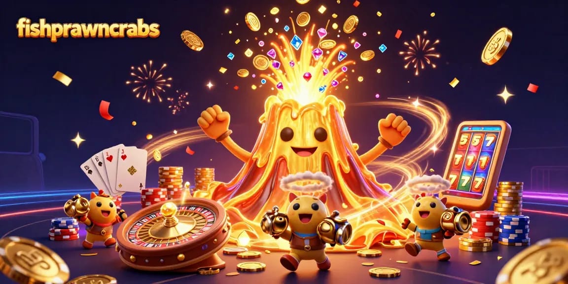 Engage in thrilling adventures at fishprawncrabs with a golden volcano erupting coins!