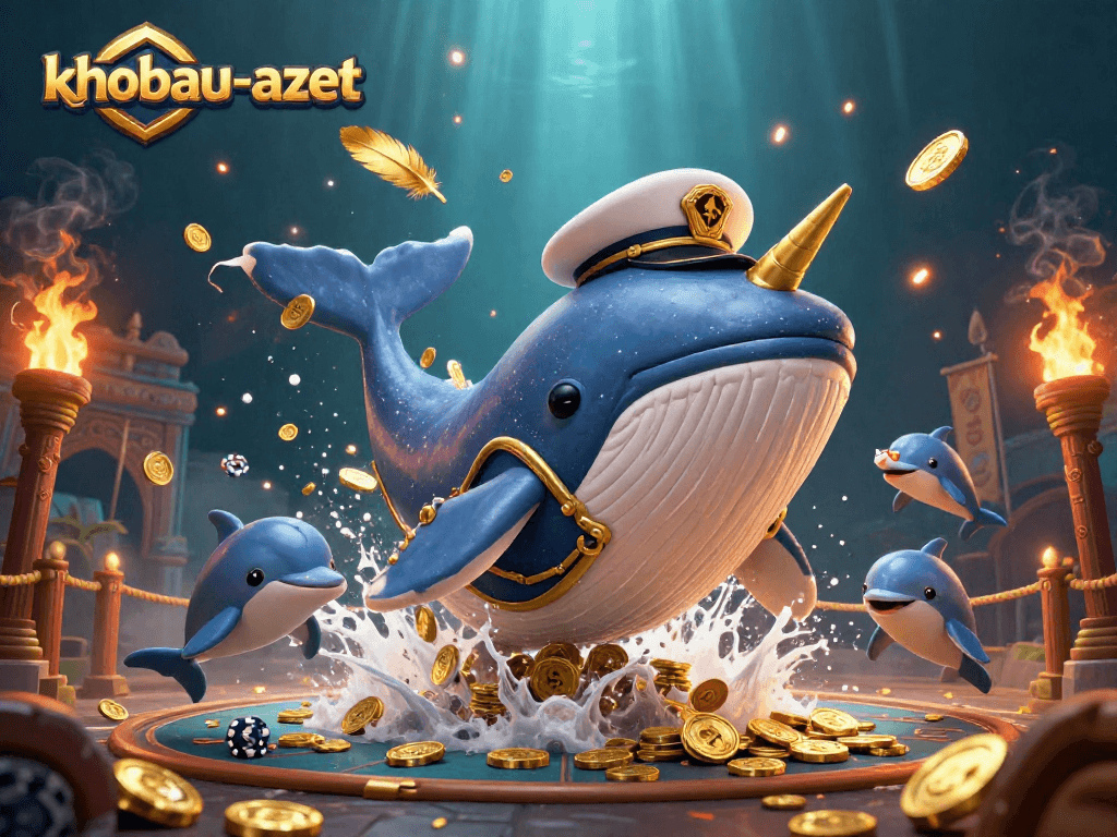 Spin to win in khobau-aztec with a whale captain and playful dolphins amidst coins and golden elements.