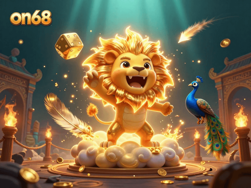 Experience the thrill of on68 with a dynamic 3D casino scene featuring a sun lion, golden dice, and vibrant game elements.