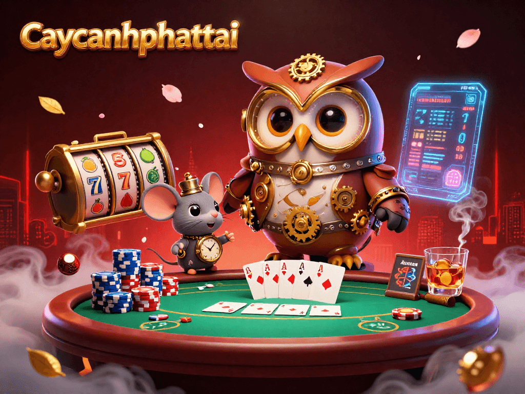 Spin the reels with caycanhphattai's captivating 3D cartoon characters in a vibrant casino scene.
