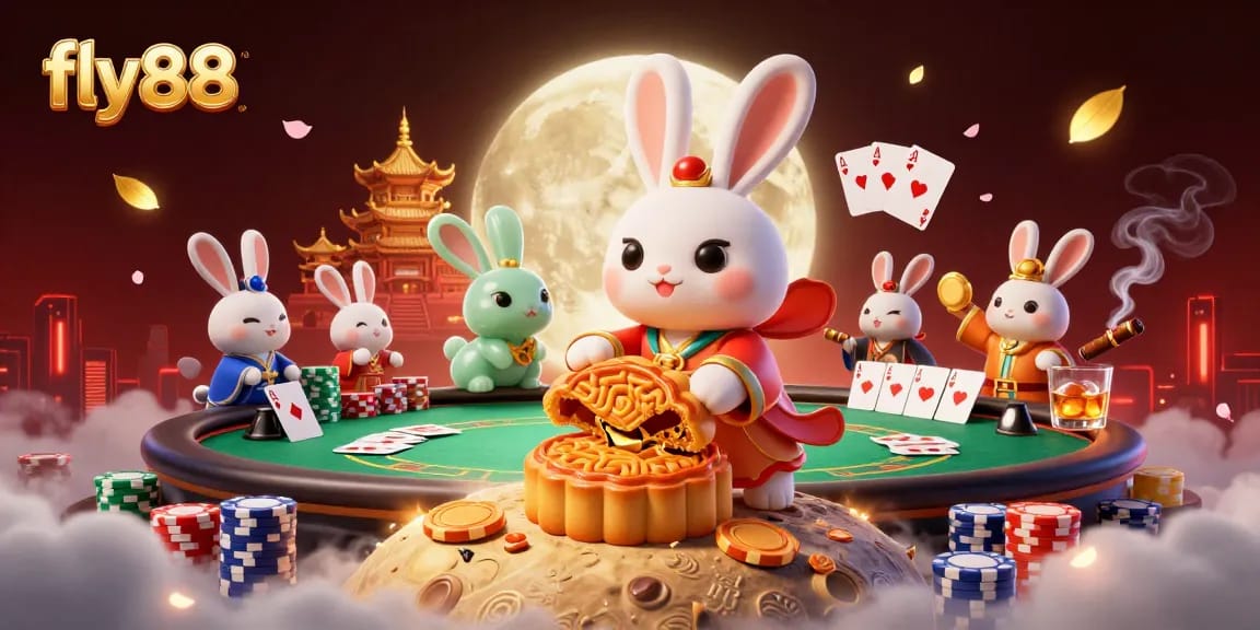 Experience the excitement of fly88 with a vibrant 3D moon rabbit illustration revealing poker chips in a celestial setting.