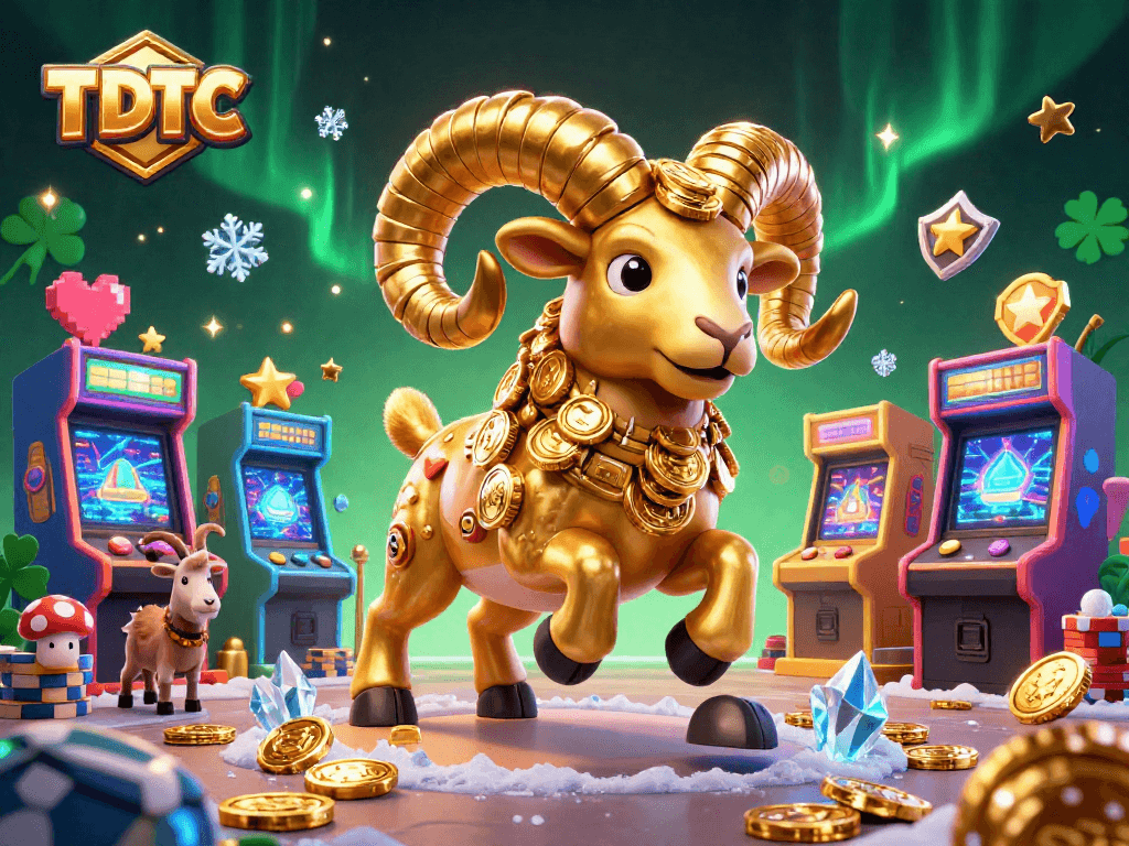 Experience the excitement of TDTC with a dynamic 3D casino-themed illustration showcasing a golden ram charging through a dazzling scene.
