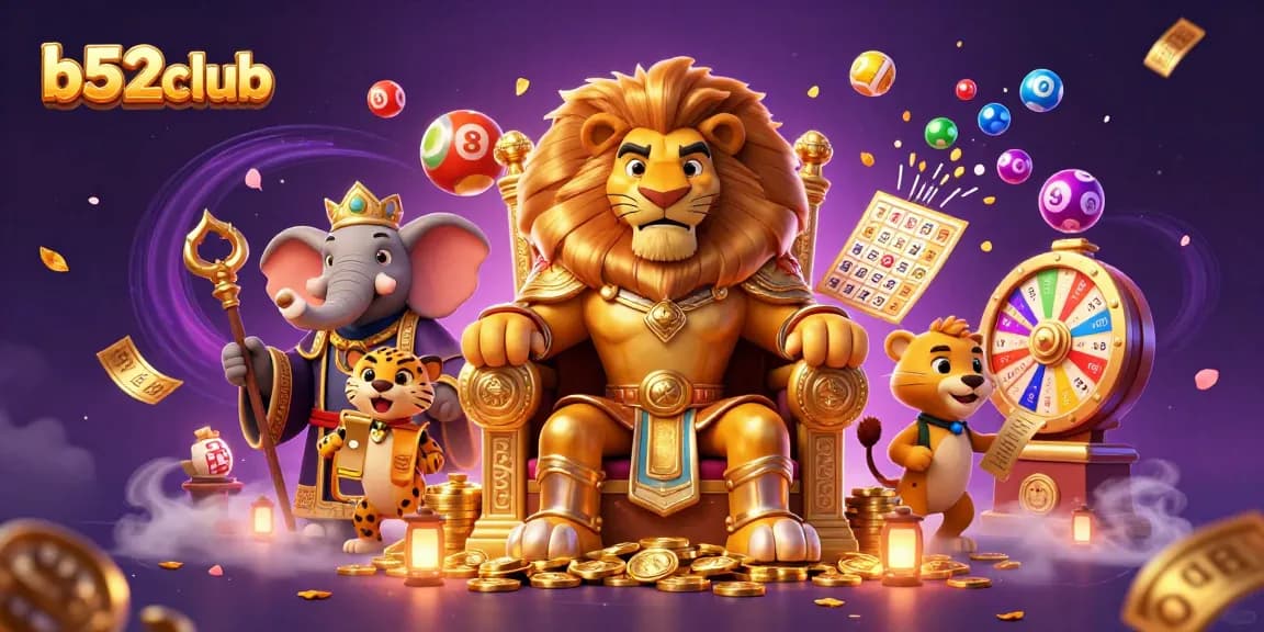 Experience thrilling games at b52club with vibrant elements like colorful lottery balls and gold coins.