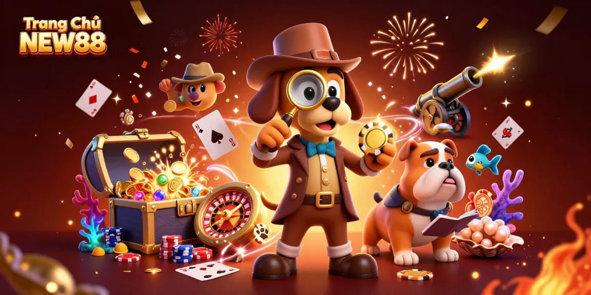 Engage with Trang Chủ NEW88 through a vibrant 3D casino scene, featuring playful detective characters and rich game elements.
