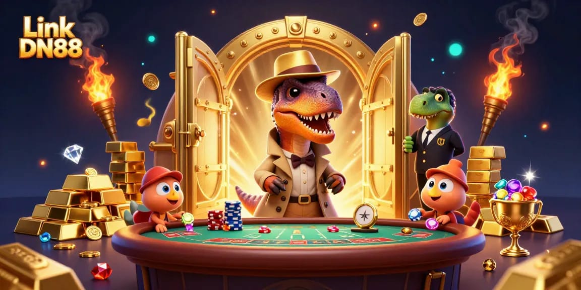 Experience thrilling action with Link DN88 as a velociraptor card counter and friends navigate a vibrant casino!