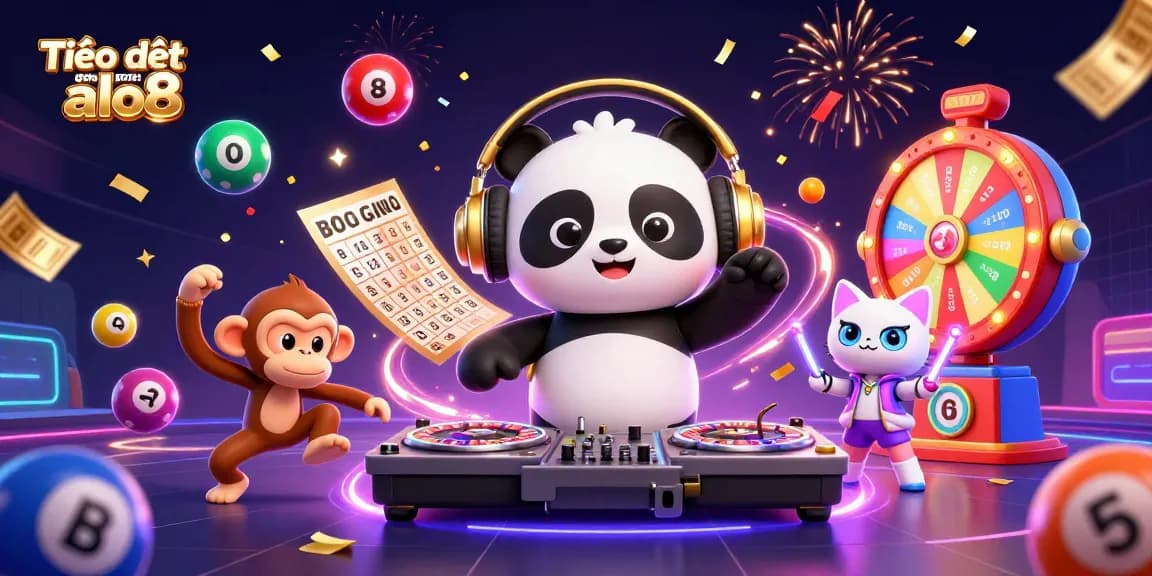 Engage with Tiêu điểm game alo8 through vibrant 3D illustration of casino-themed characters and games.