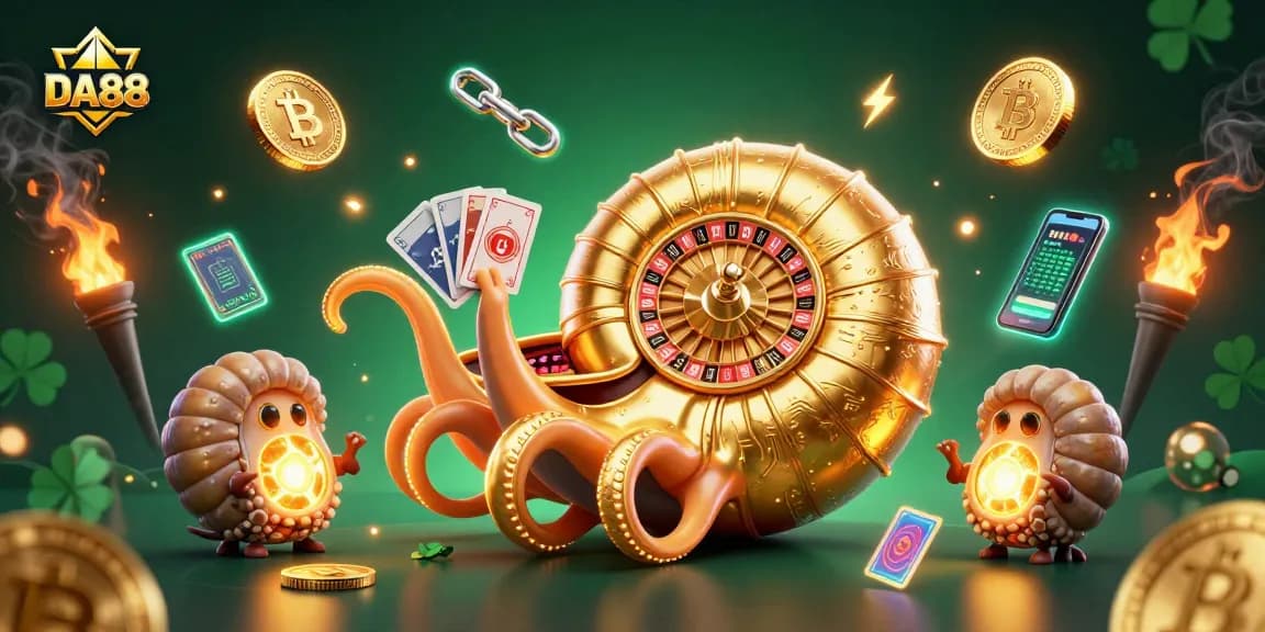 DA88 offers engaging casino experiences featuring a golden roulette shell and glowing coins.