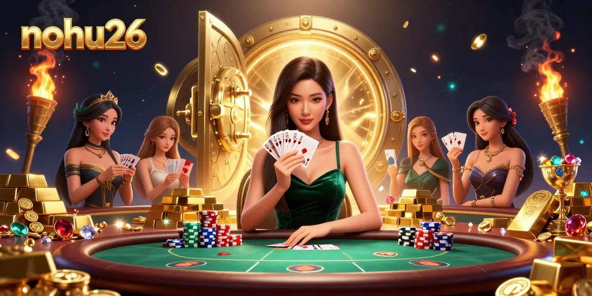 Experience nohu26's vibrant casino atmosphere featuring a focused Asian woman at a luxury poker table.