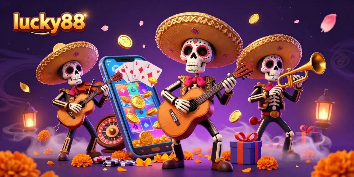 Experience the excitement of lucky88 with a vibrant 3D mariachi band surrounded by engaging slot game elements.