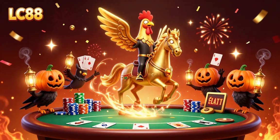 Win big at LC88 with a golden rooster and festive casino elements.