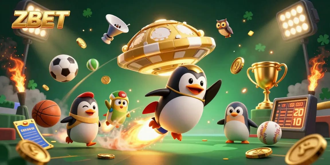 ZBET leads exciting games in a 3D illustration of a golden penguin soaring toward a casino chip.