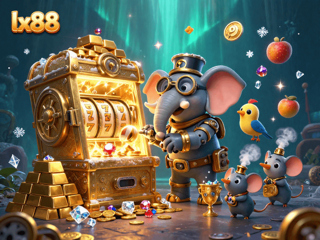 Experience the excitement of lx88 with unique steampunk characters amidst vibrant slot elements.
