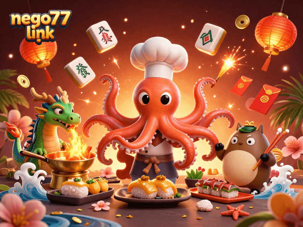 Experience the excitement of the nego77 link with a vibrant 3D casino-themed celebration of luck and winnings.