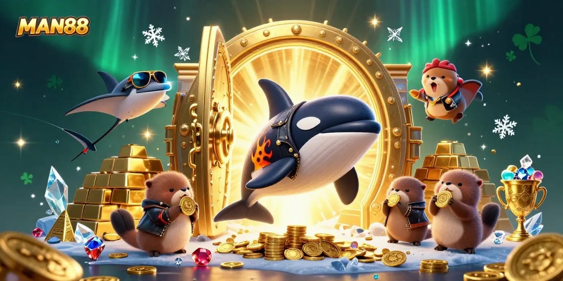Experience the thrilling world of MAN88 with orca, stingray, and otters in a treasure-filled scene.