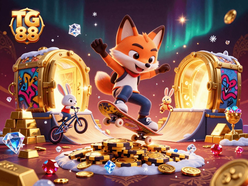Experience the thrill of TG 88 with dynamic characters and rich casino elements in this 3D illustration.