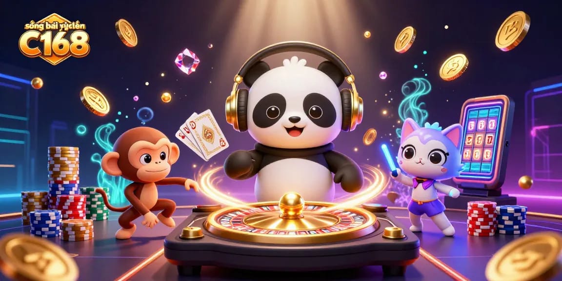 Experience the excitement at sòng bài trực tuyến C168 with vibrant visuals of gaming fun, coins, and characters.
