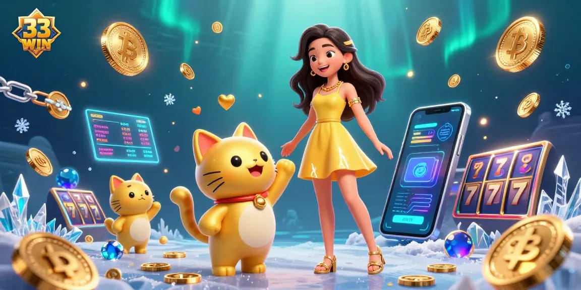 Engage with 33 WIN through vibrant casino-themed illustration showcasing a joyful interaction.
