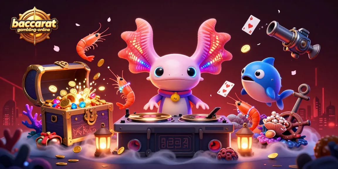 Baccarat-gambling-online sparks excitement with neon axolotl DJ and energetic underwater dance party.