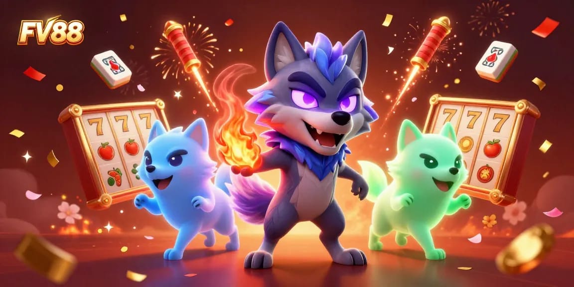 Engage in exciting gaming adventures with FV88's animated wolf leaders in an immersive casino scene.