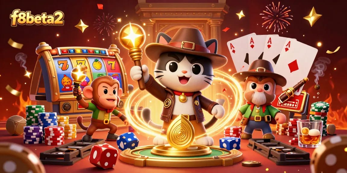 Win big at f8beta2 with a vibrant casino scene featuring an explorer cat and slot reels.