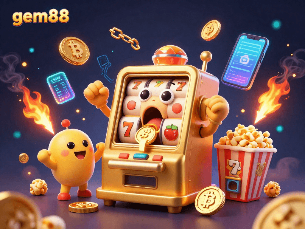 Celebrate huge wins at gem88 with vibrant slot machines and glowing cryptocurrencies!