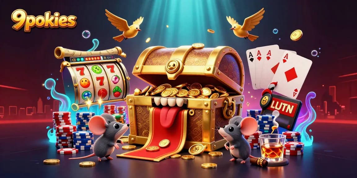 Engage with 9pokies and experience vibrant casino action with golden treasure chest and characters.