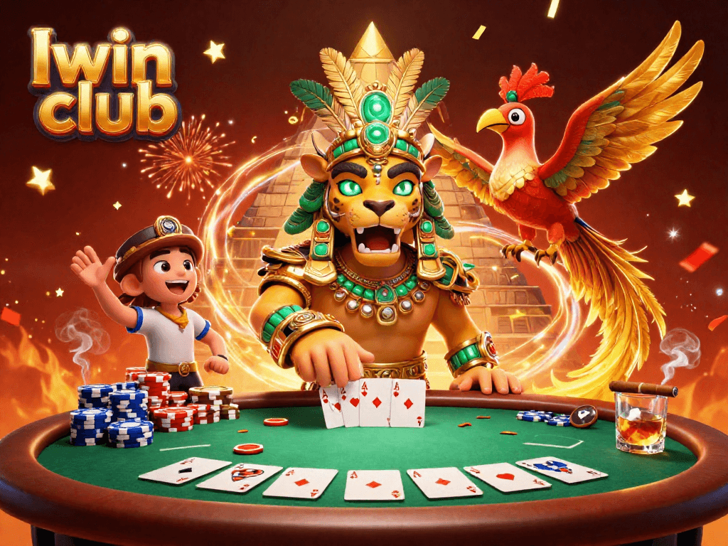 Iwin club showcases a vibrant scene with a Mayan jaguar priest and gambling elements, celebrating casino riches.
