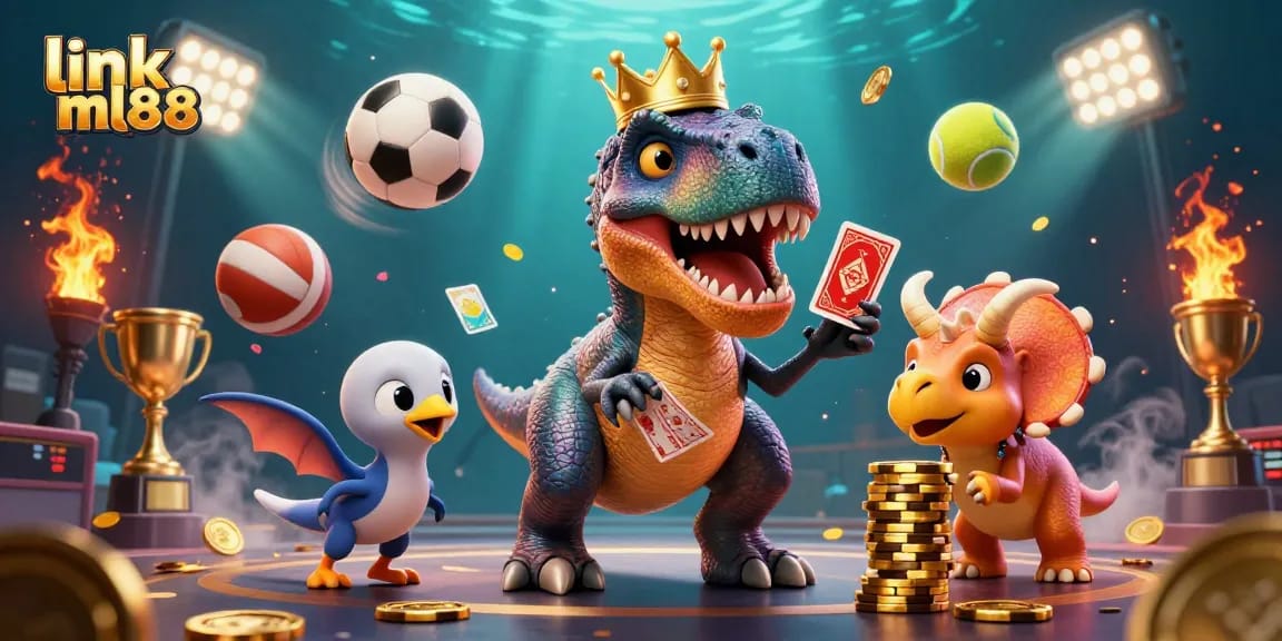 Engage with exciting gaming moments at link ml88 as a T-Rex shuffles cards and another dinosaur stacks gold chips.