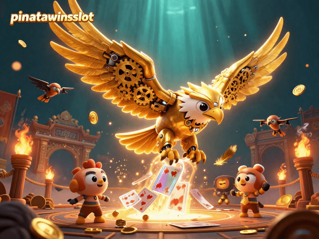 Engage in exciting gameplay with pinatawinsslot, featuring a golden eagle amidst a flurry of holographic cards.