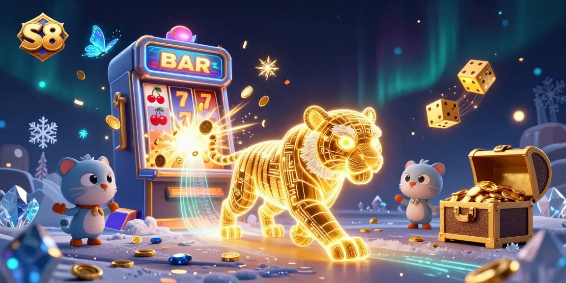 Join the exhilarating S8 casino adventure featuring vibrant slot machines and a majestic golden tiger!