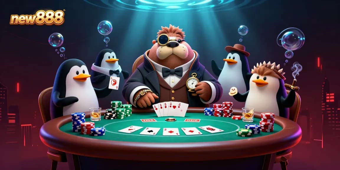 Experience exhilarating poker action with new888 at an underwater casino table featuring vibrant characters.