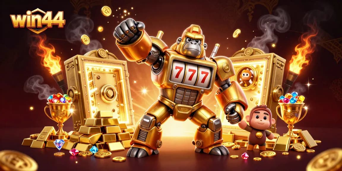 Win44 platform featuring a golden gorilla mech amidst treasures, perfect for high-stakes gaming.