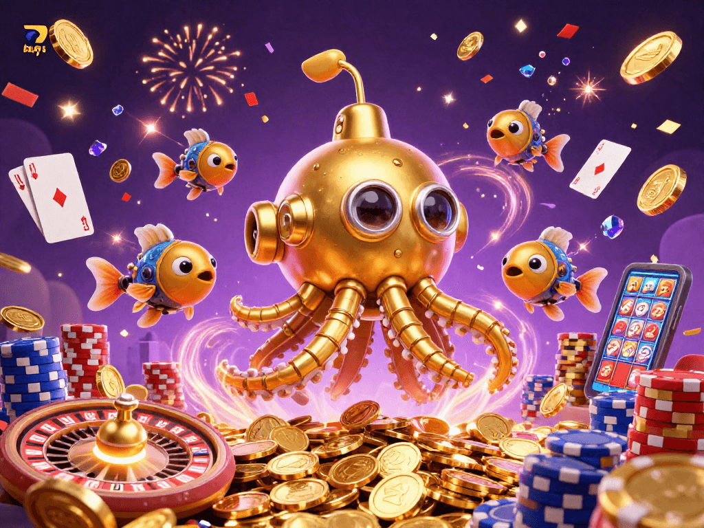 Experience thrilling wins at 789 bet with a vibrant casino-themed illustration featuring golden kraken and shimmering game elements.