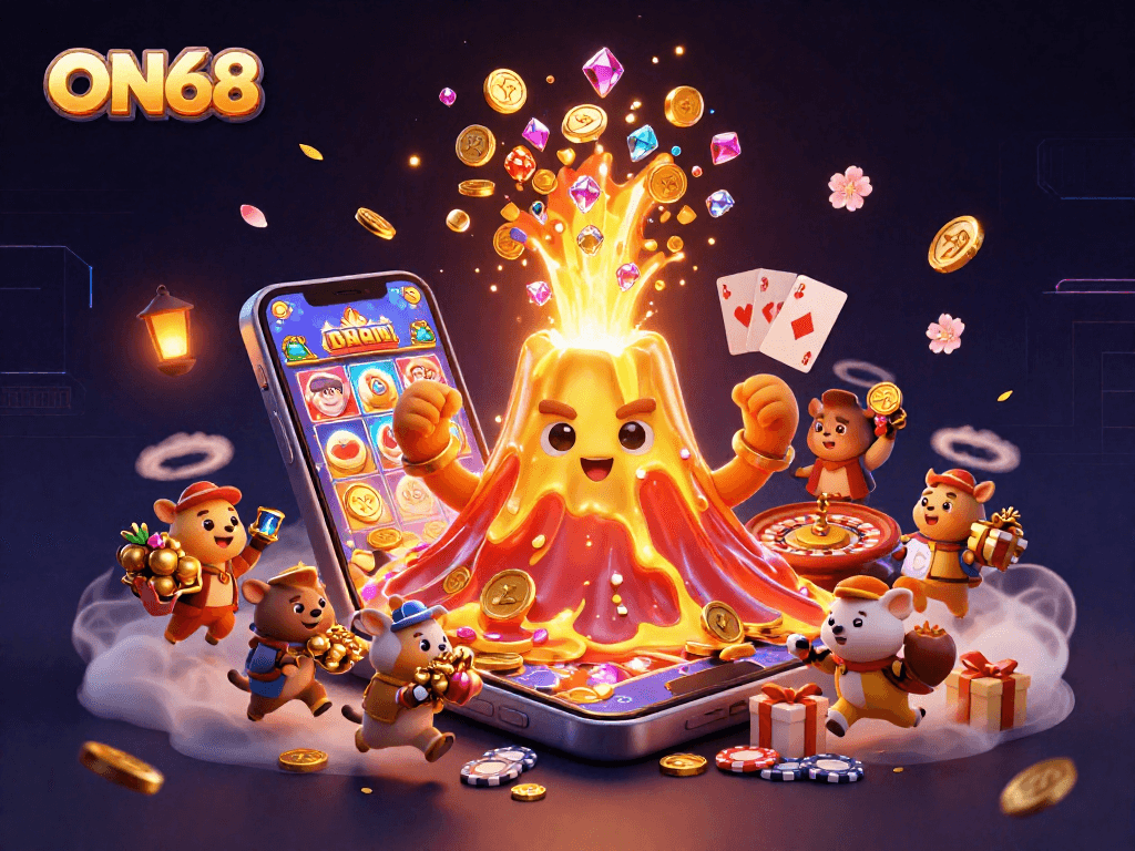 Experience the thrill of wins and treasures at ON68 with our vibrant game illustration featuring golden eruptions and lively explorer animals.
