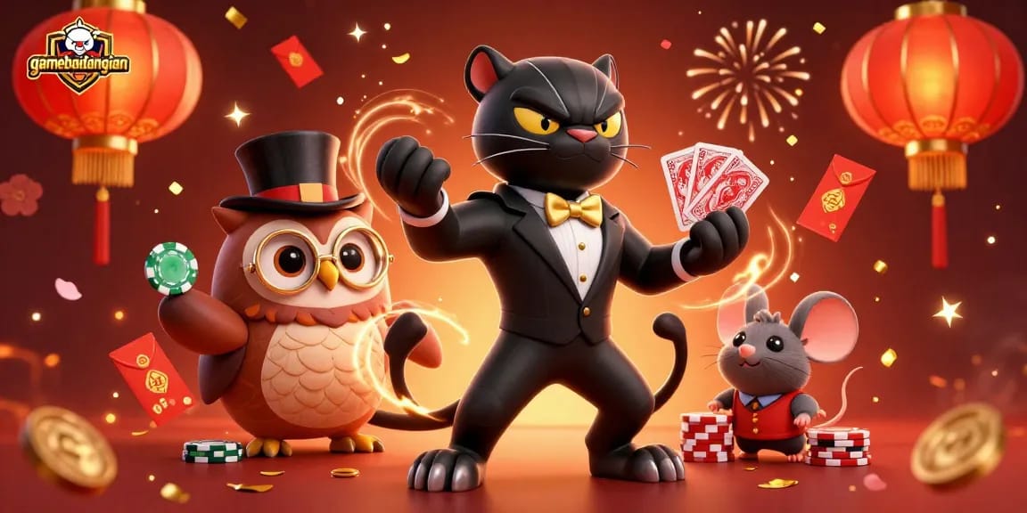 Experience thrilling gameplay with gamebaidangian featuring a cartoon panther, owl, and lucky mouse in a vibrant casino scene.