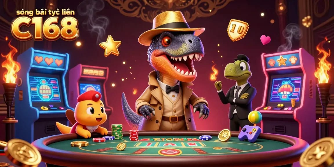 sòng bài trực tuyến C168 showcases a playful casino scene with cartoon dinosaurs engaging in classic gambling.