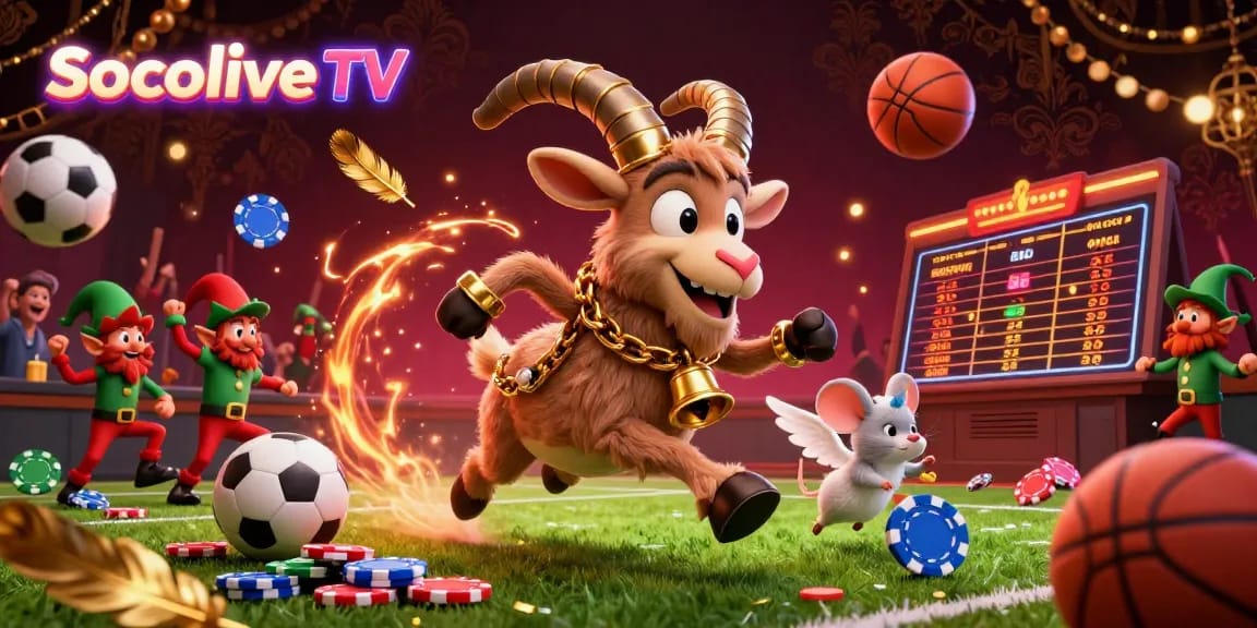 Socolive TV captures the thrilling action of sports betting with a lively scene showcasing a Krampus goat, angel mouse, and mischievous gremlins.