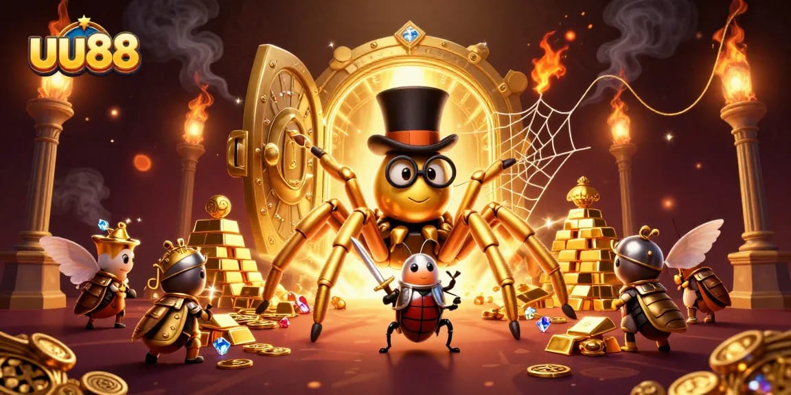 Experience thrilling gameplay at uu88 with a dynamic casino scene featuring golden treasures and adventurous characters.