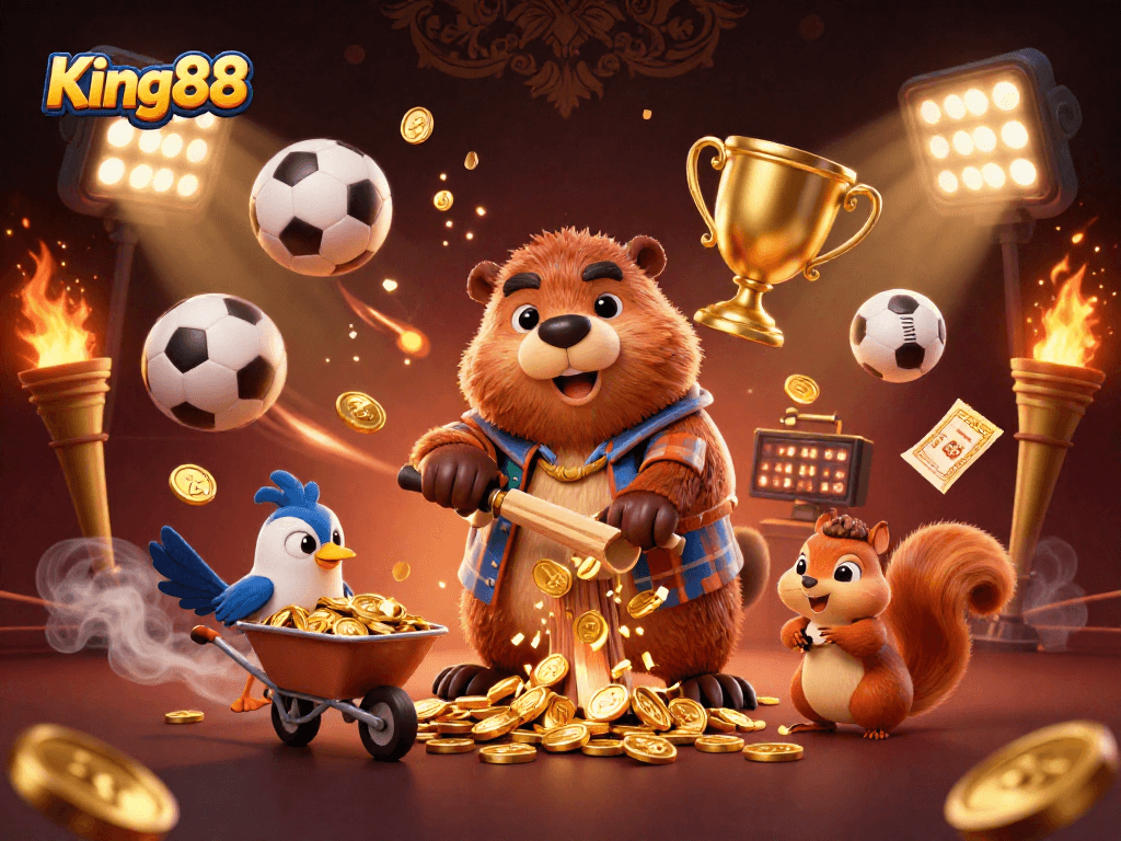 King88 offers exhilarating gaming experience as the beaver collects golden coins in a dynamic casino scene.